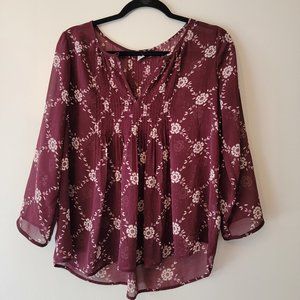 Old Navy, Sheer Maroon and Pink Long Sleeve Blouse, Size M